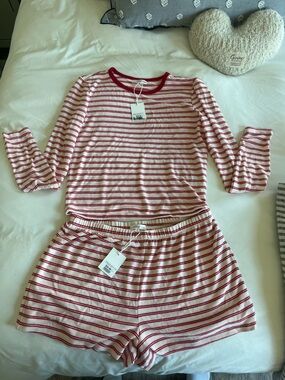 Z Supply Cream and Red Striped Kids Pajama Set - Long Sleeve Top & Shorts
